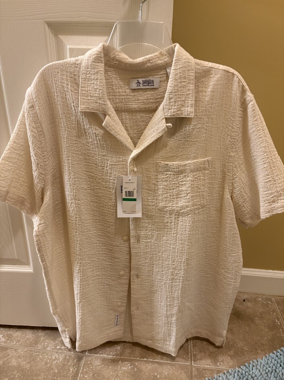 Penguin Cream Textured Short Sleeve Camp Collar Shirt